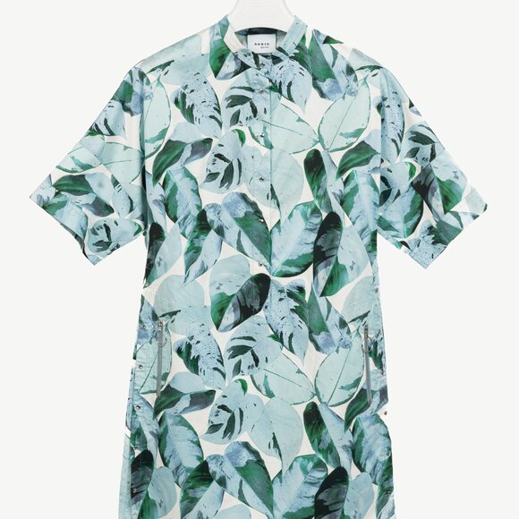 Akris Punto "Bleached Denim" Tropical Leaves-Print Cotton Poplin Shift Dress - Picture 2 of 12